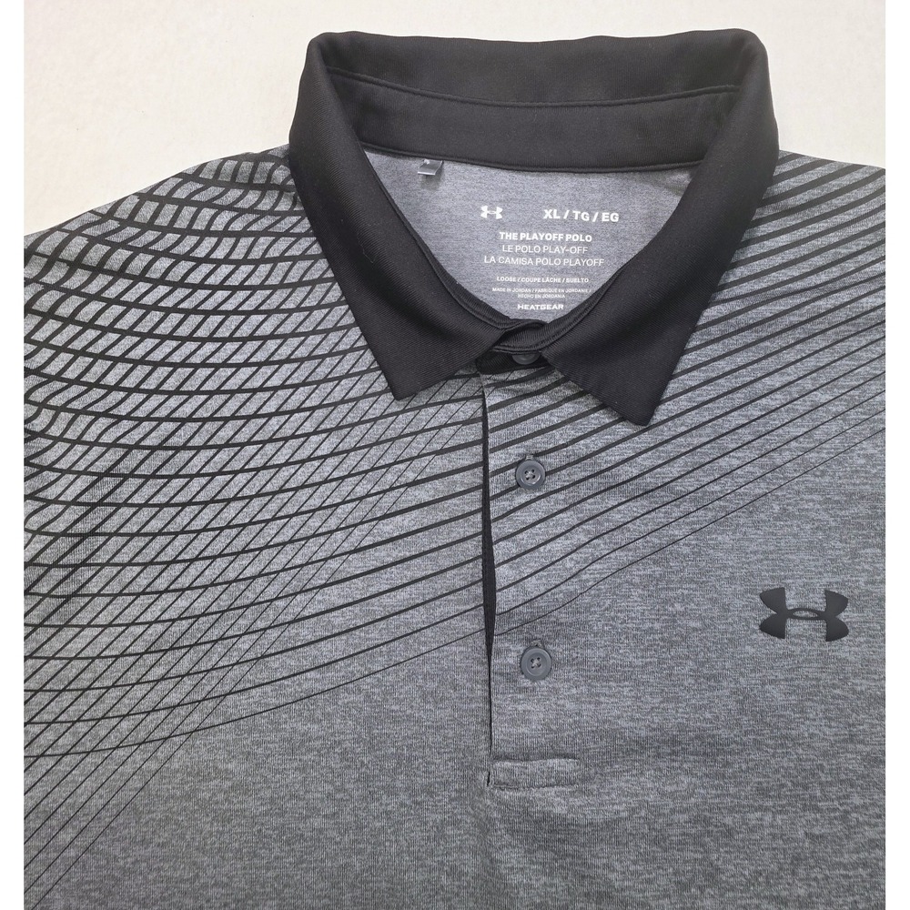 Under Armour Polo Shirt Mens XL LIMITED USE Gray Black Shoulder Graphic Print